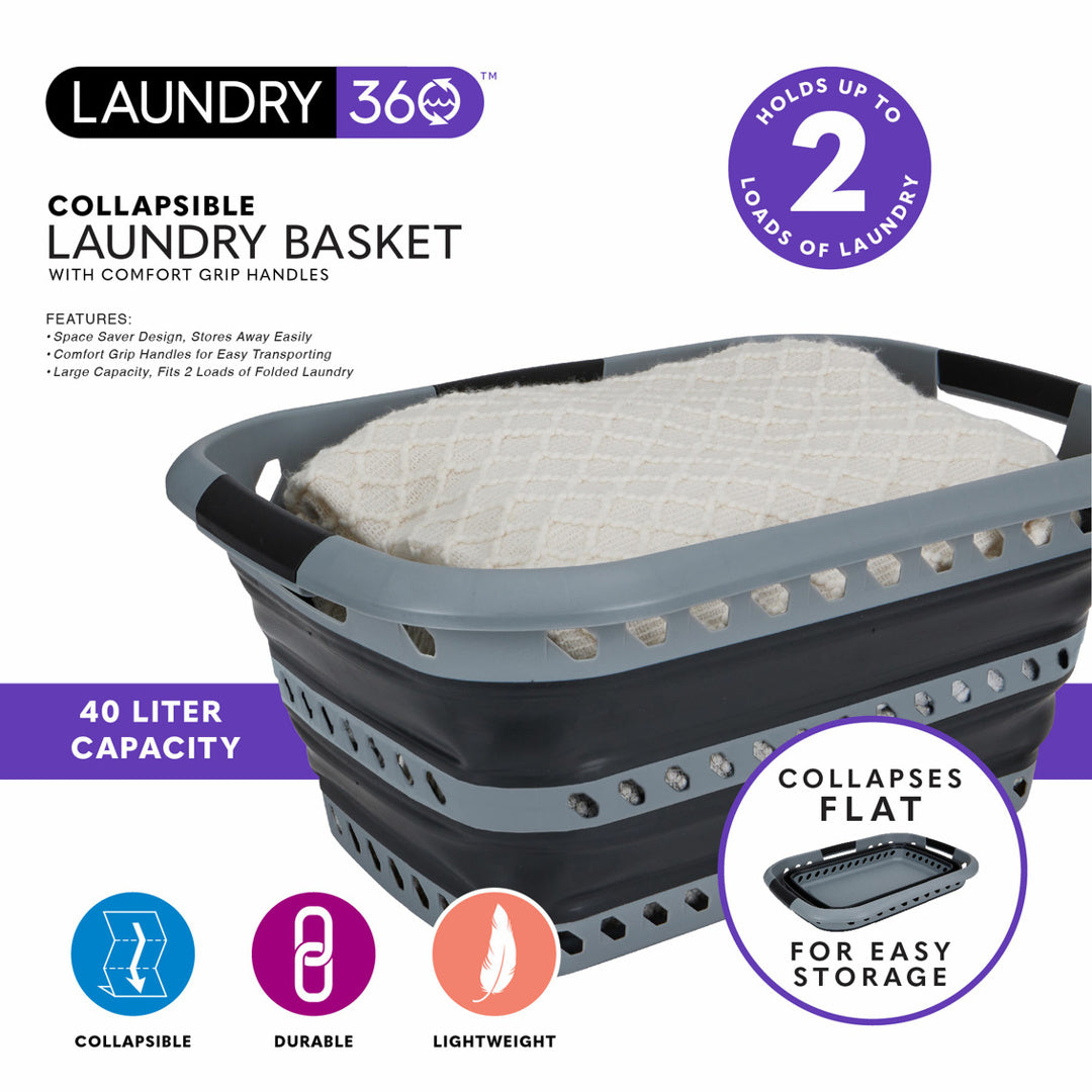 Grey w. Black Collapsible/Folding Laundry Basket W. 3 Handles