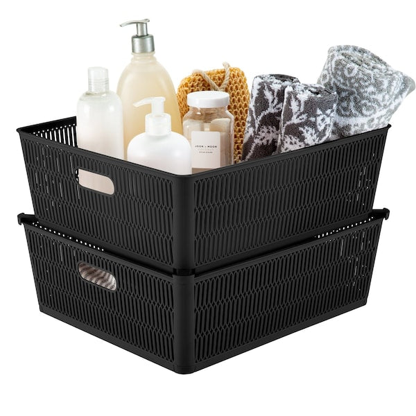 2pk Slide and Stack Storage Large Shallow Tote-Black