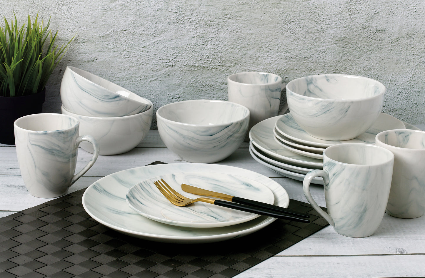 Lorren Hone Trends 16 Piece Porcelain Grey Marble Set 5