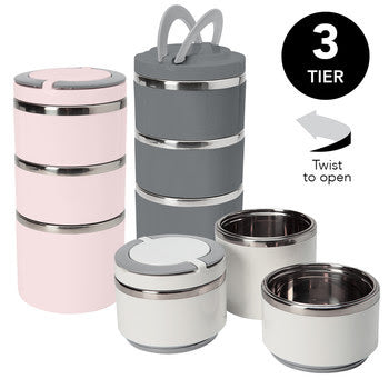 Round Twist 3 Tier Stainless Steel Insulated Lunch Box 42oz