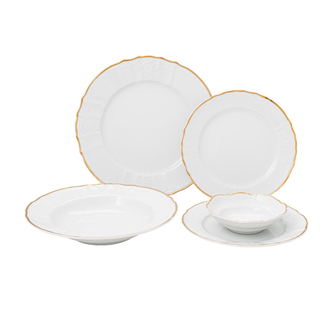 Vikko Luxe - Bernadotte Gold, White, 20 Pc Dinnerware Set, includes Service For 4, Dinner, Salad, Soup, Bread & Butter, Dessert