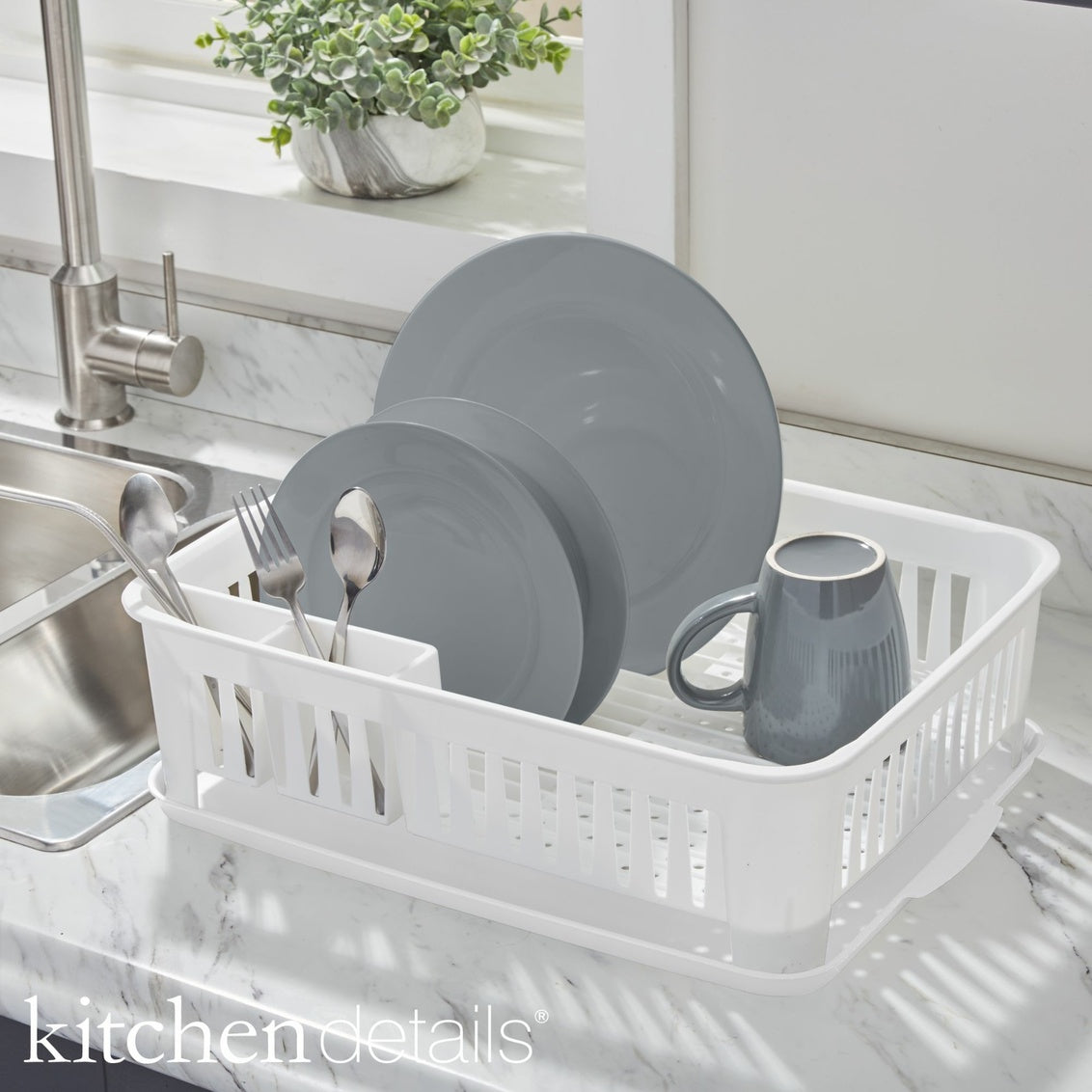 Dish Rack with White Tray & Utensil Holder White