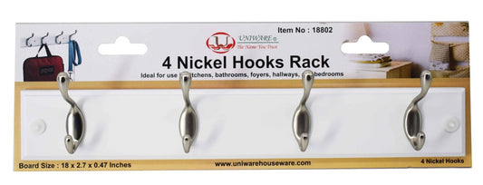 Mountable Hook Rack, 4 Nickel Hooks, White