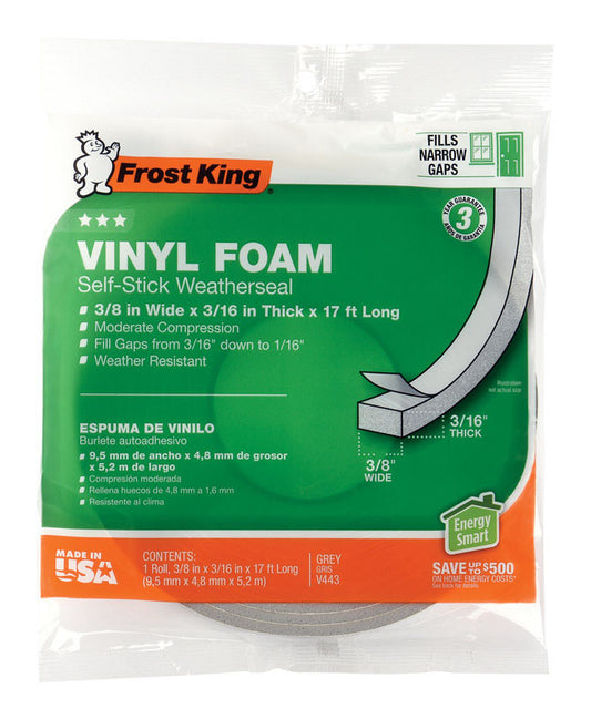 WEATHSTRIP/GRAY FOAM STICK-ON 3/8"W x 3/16"H x 17'L