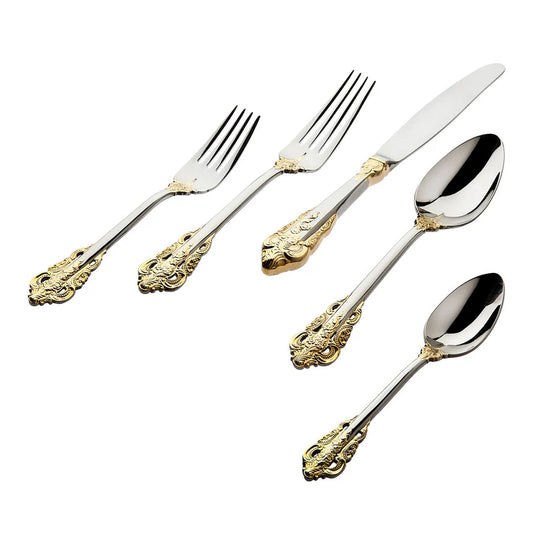 20th Century Baroque Accented 24kt Gold Plated 18/10 Stainless Steel 20 Piece Flatware Set, Service For 4