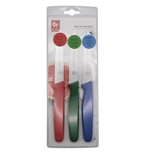 3-PC Paring knife set, Red, Green, Blue, Dairy, Meat, Parve, Straight point tip.