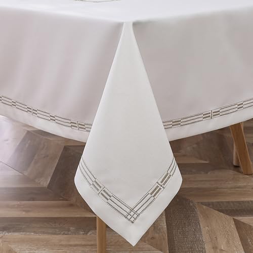 Majestic Tablecloths (70"x144", Linen Look White Center Gold Square)