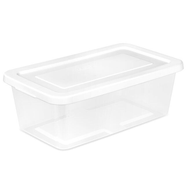 STORAGE BOX CLEAR w-WHITE LID- 6 qt 13.5 x 8 x 4.5″