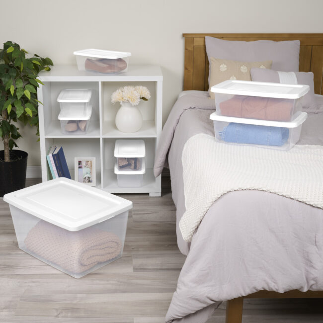 STORAGE BOX CLEAR w-WHITE LID- 6 qt 13.5 x 8 x 4.5″