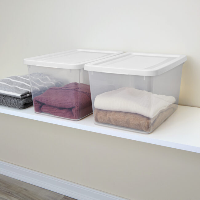STORAGE BOX CLEAR w-WHITE LID- 20 qt 16.5 x 11.3 x 9″