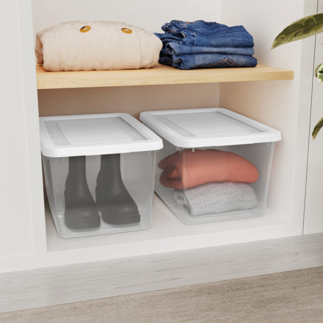 STORAGE BOX CLEAR w-WHITE LID- 20 qt 16.5 x 11.3 x 9″