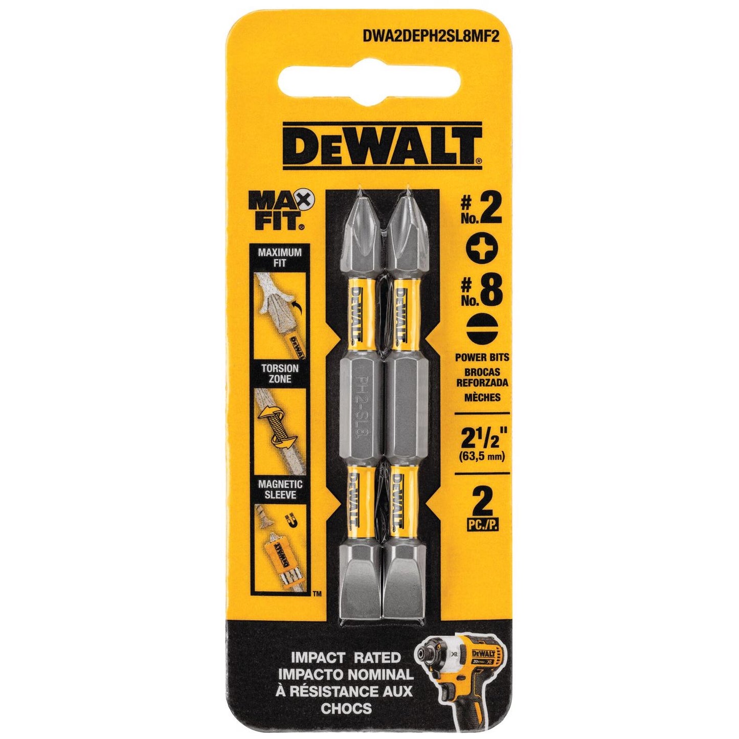 Dewalt Maxfit 2-3/4'' #2 Phillip #8 Slotted Bits 2Pk
