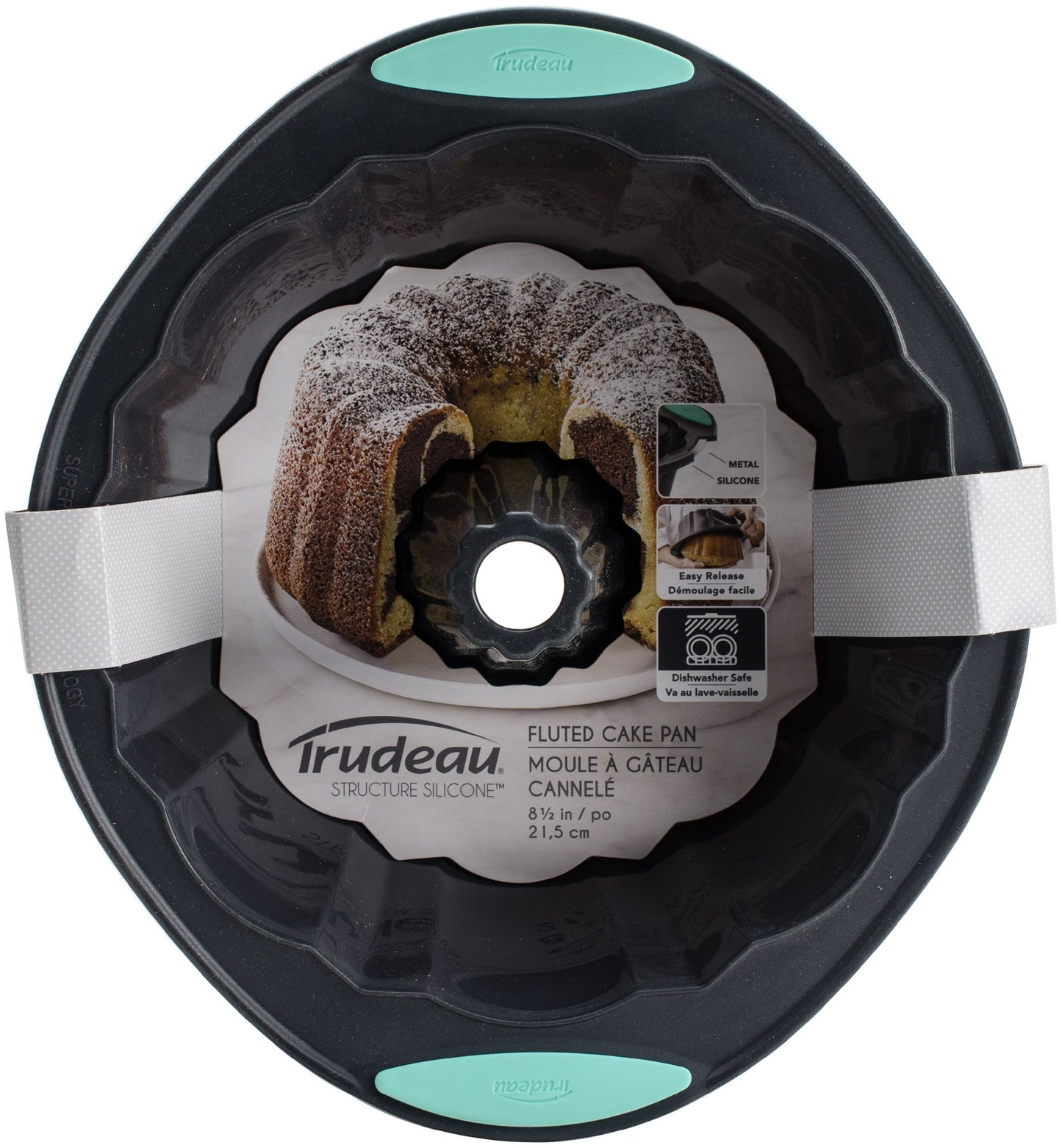 Trudeau - Structured Silicone Fluted Bundt pan, Grey & Mint Handle, 10.4 x 10.2 /10 Cup