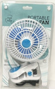 FAN- CLIP ON-5.5″ RECHARGEABLE w-BATTERY BACK UP-asst COLORS