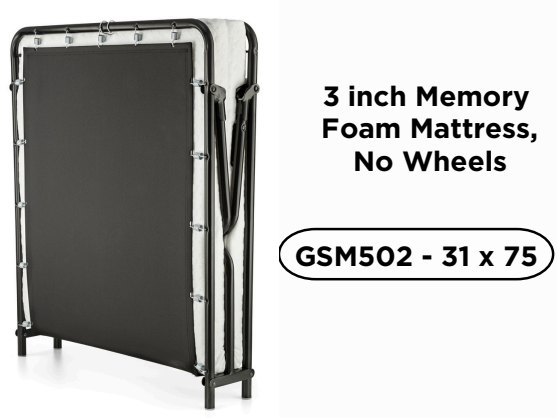 
Folding Bed,  3" Memory Foam Mattress, No Wheels, 31" x 75"
