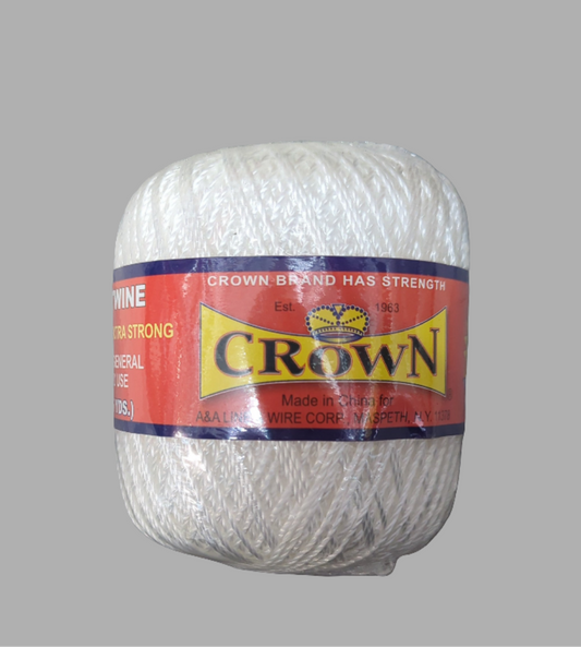 Ball of white yarn with a red and yellow 'Crown' label on a gray background