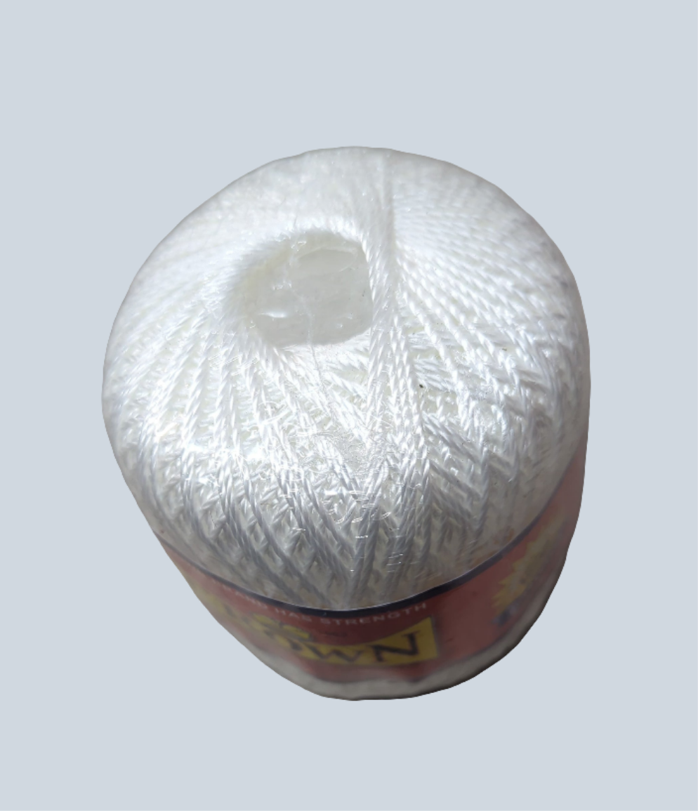 Spool of white thread with a visible brand label on a light gray background