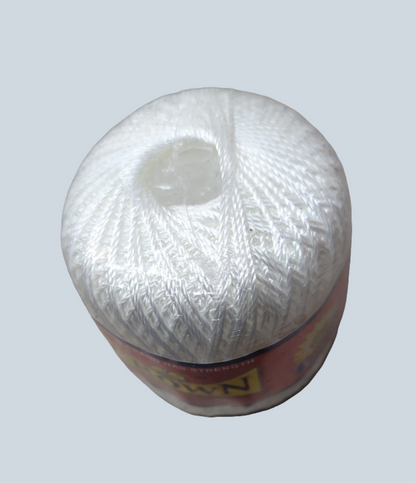 Spool of white thread with a visible brand label on a light gray background