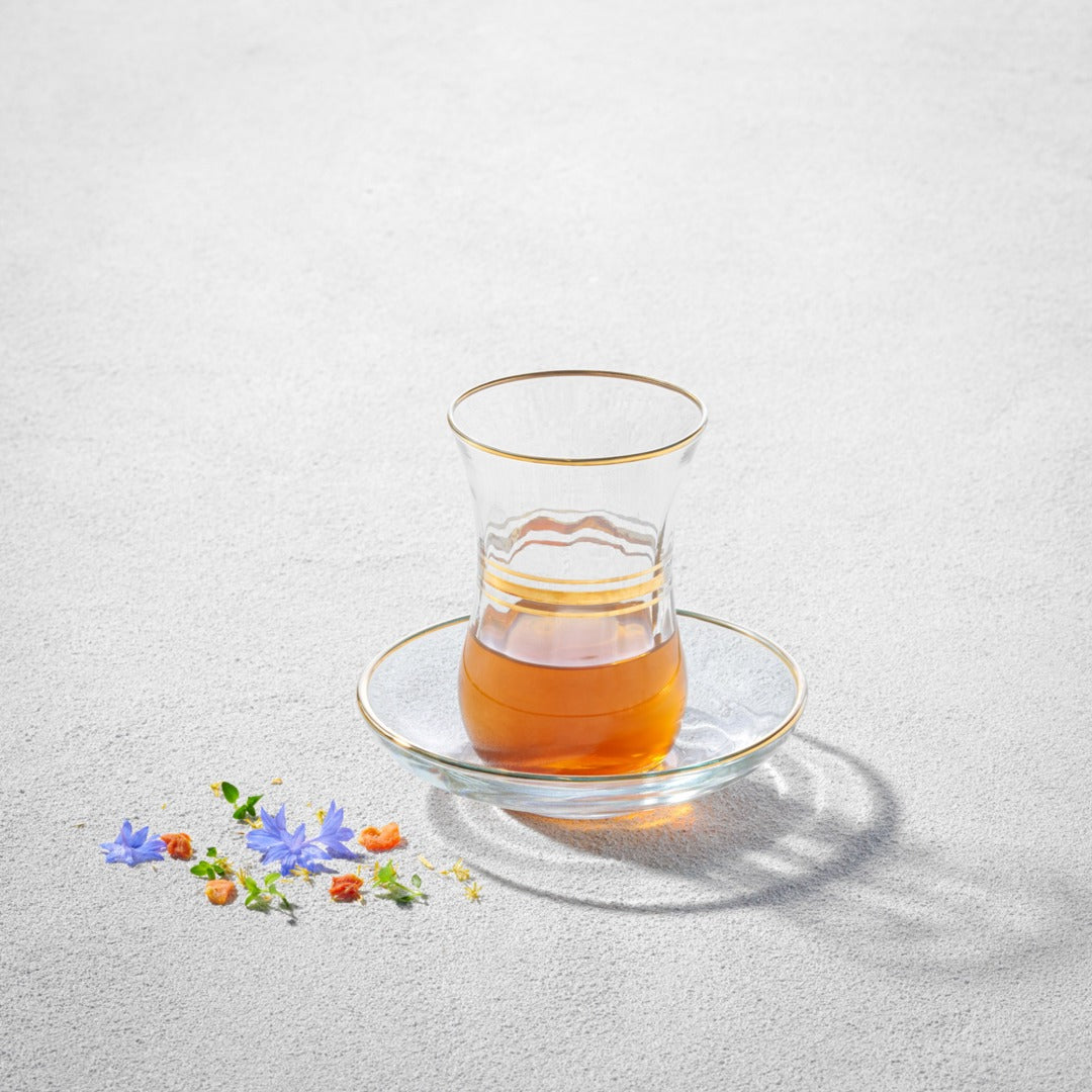 LV-CAYS1LAV - Cays, Glass Tea Cup with Glass Saucer, Gold Rim, 4 oz, 6 Pk