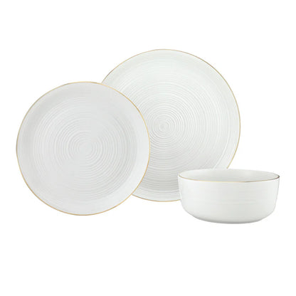 Linear Porcelain Gold Rim 12 Piece Dinnerware Set, Service For 4