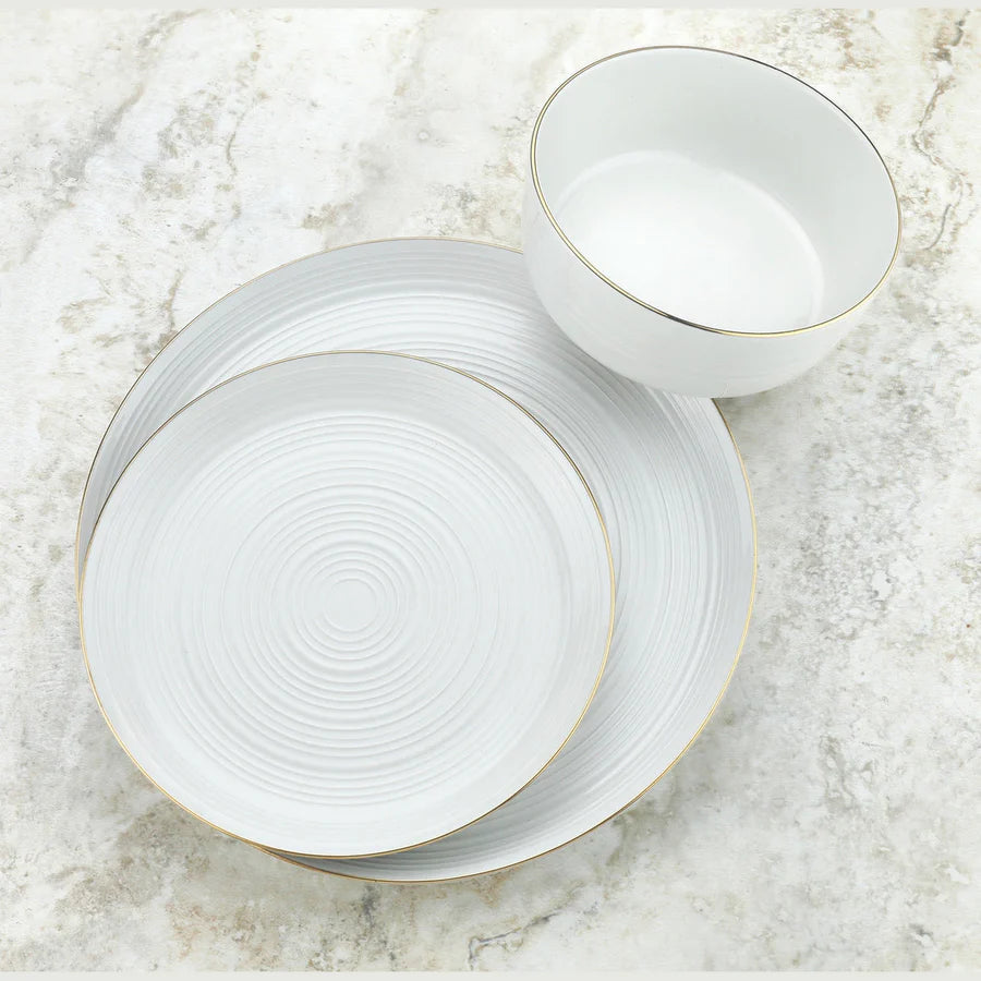 Linear Porcelain Gold Rim 12 Piece Dinnerware Set, Service For 4