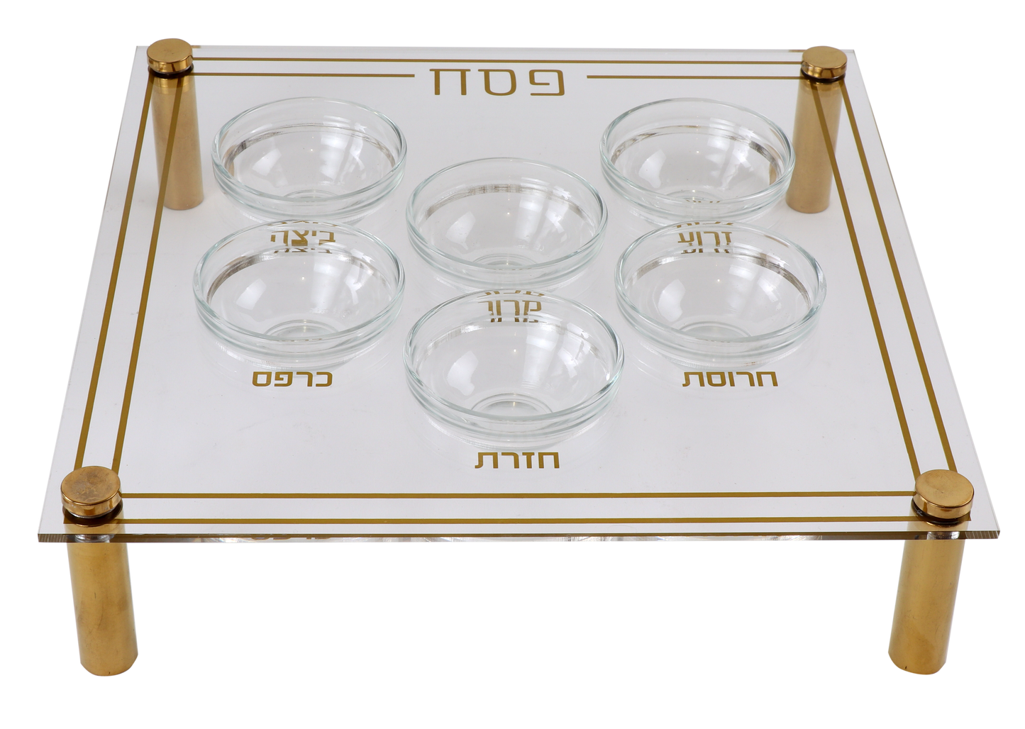 Modern Acrylic Seder Plate with Gold Design & Legs - 6 Glass Bowls