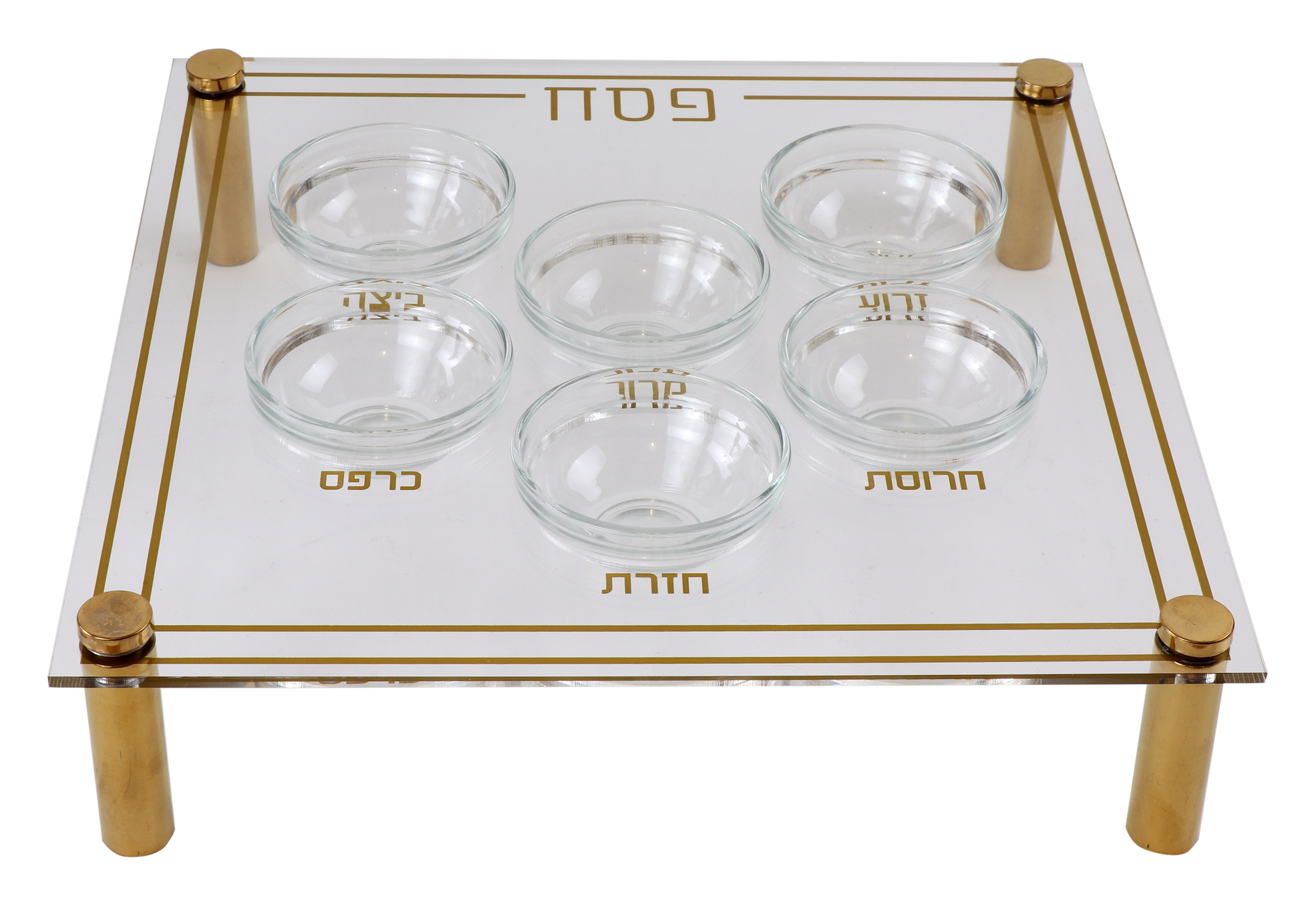 Modern Acrylic Seder Plate with Gold Design & Legs - 6 Glass Bowls