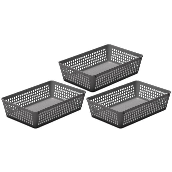 Plastic Rectangular Basket Mesh Set of 3 Grey