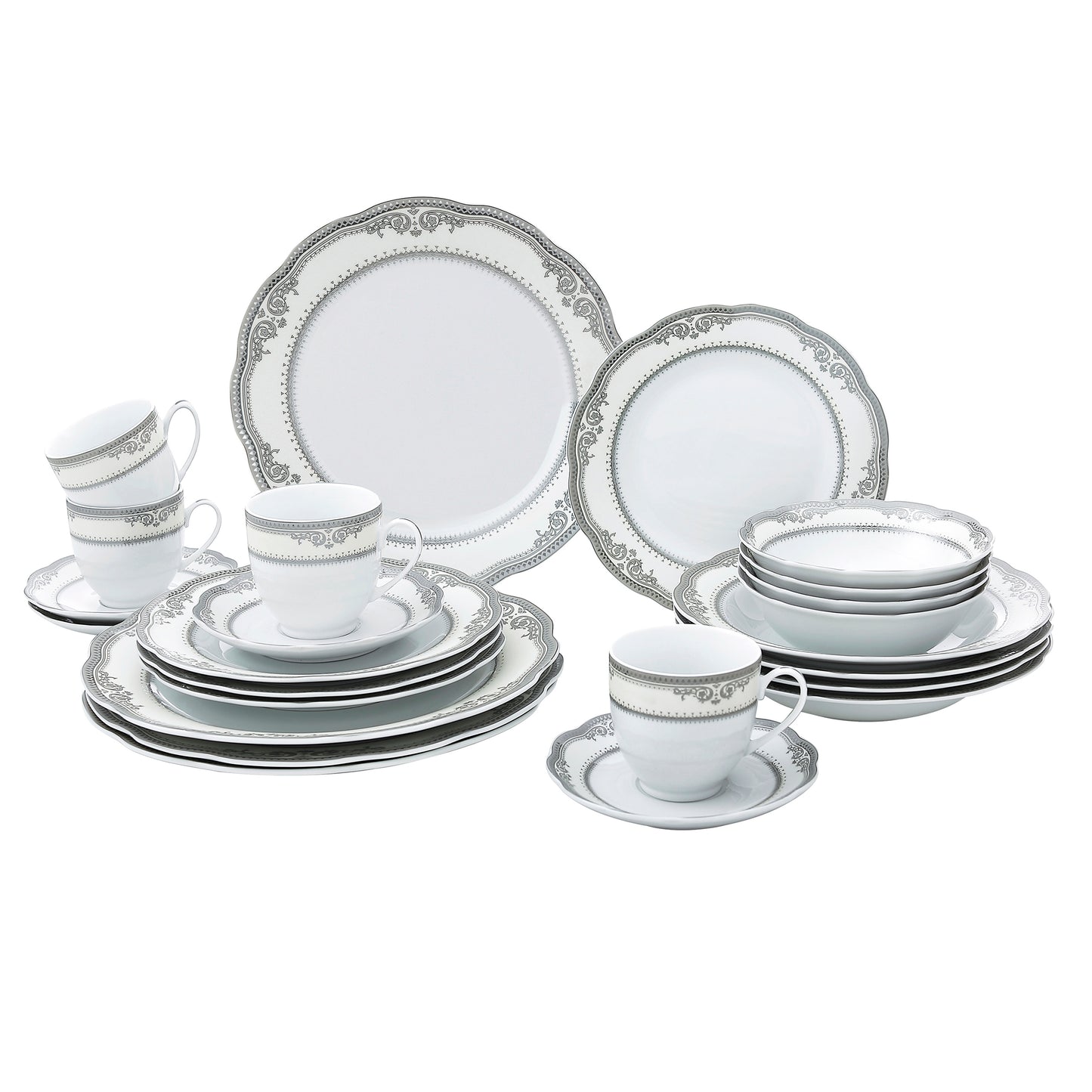 Porcelain Wavy Edge Dinnerware Set, 24 Piece Service for 4 Victoria Design 1