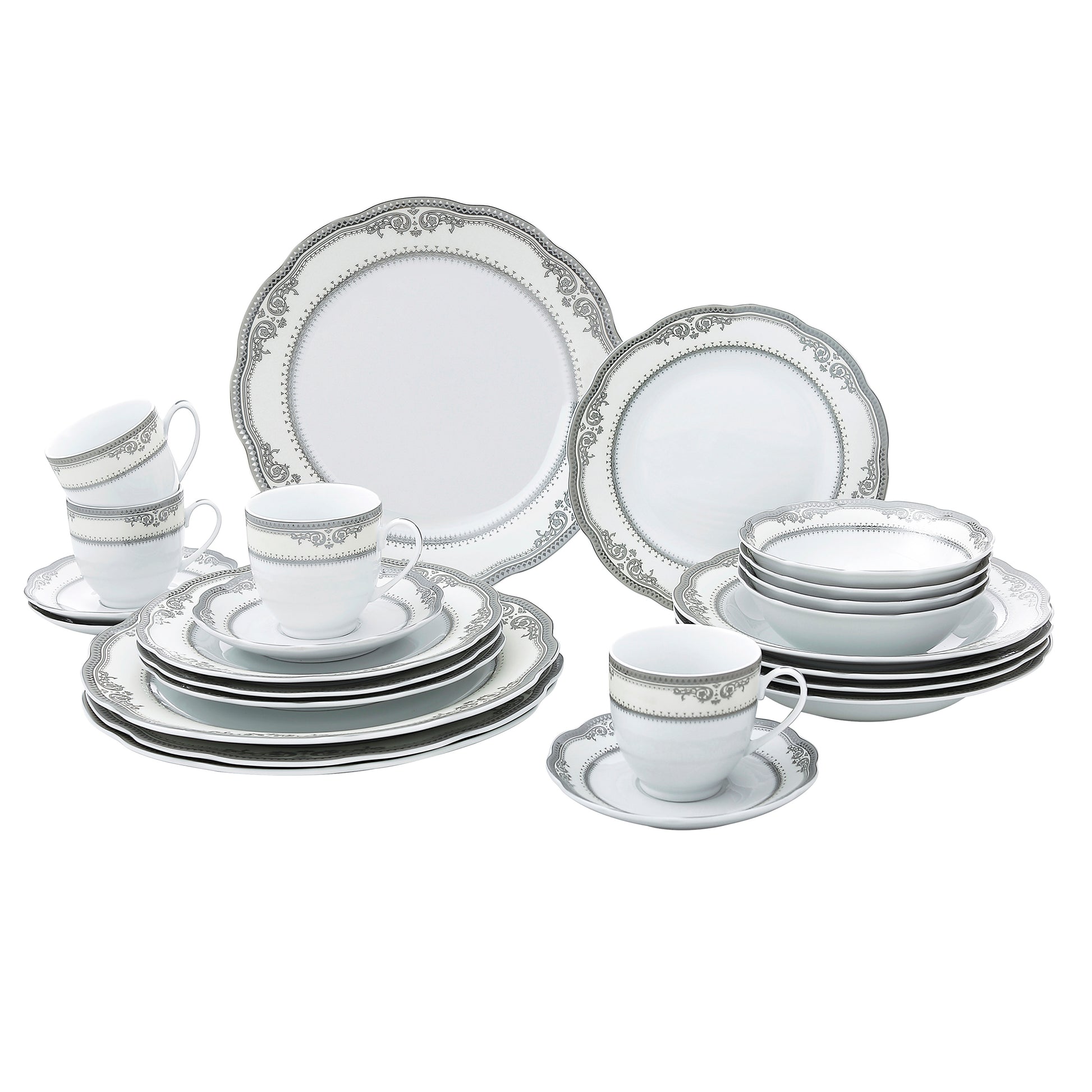 Porcelain Wavy Edge Dinnerware Set, 24 Piece Service for 4 Victoria Design 1