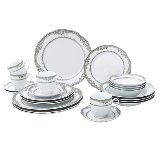 Porcelain Wavy Edge Dinnerware Set, 24 Piece Service for 4 Victoria Design 1