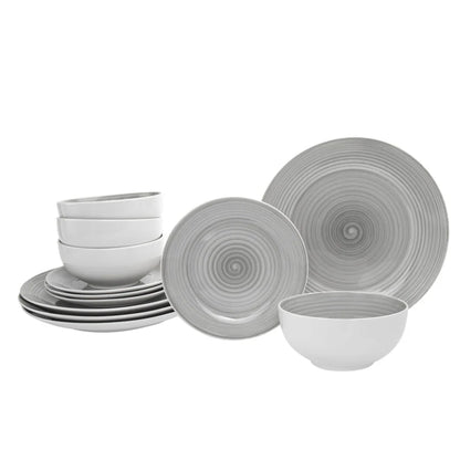 Spiral Grey Porcelain 12 Piece Dinnerware Set, Service For 4