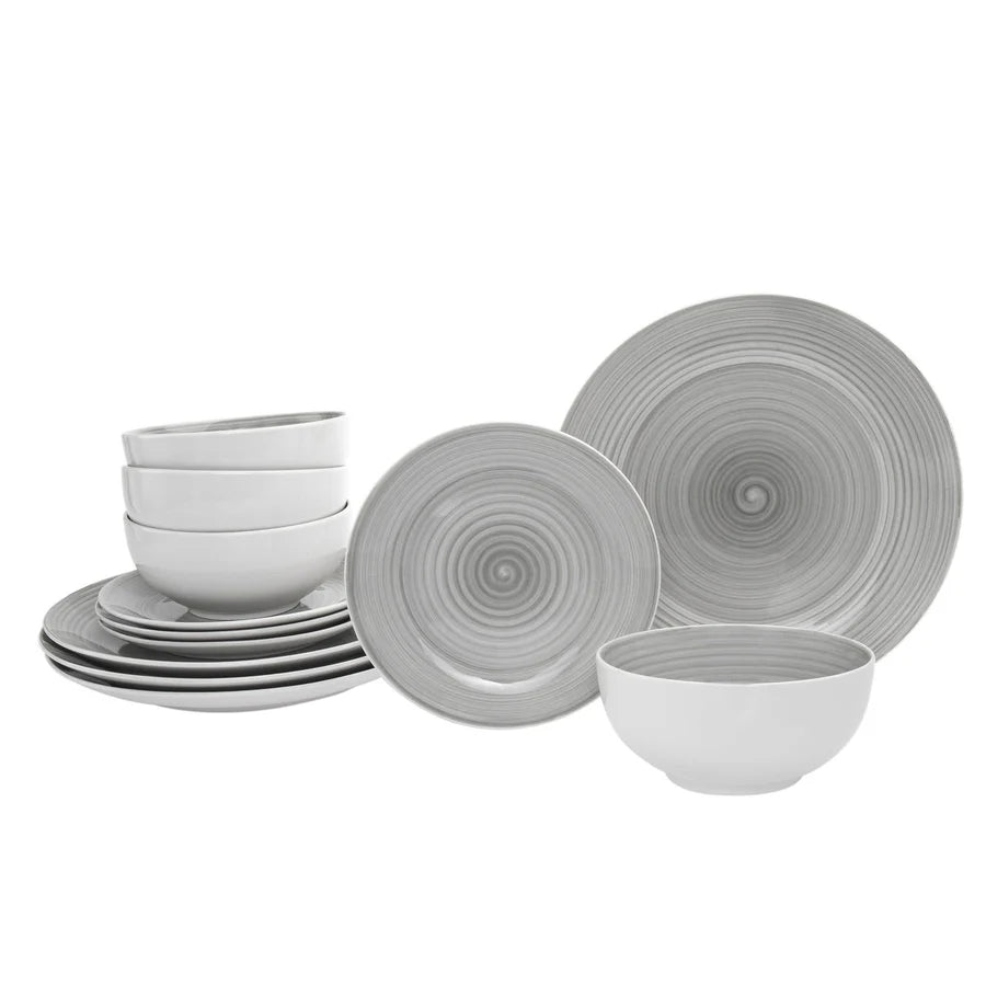 Spiral Grey Porcelain 12 Piece Dinnerware Set, Service For 4 2