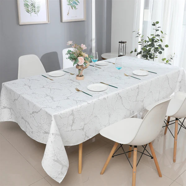 Majestic Tablecloth, Marble White with Gold Or Silver Accents, 70"x108"