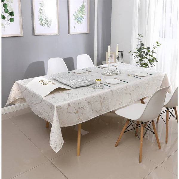 Majestic Tablecloth, Marble White with Gold Or Silver Accents, 70"x108"