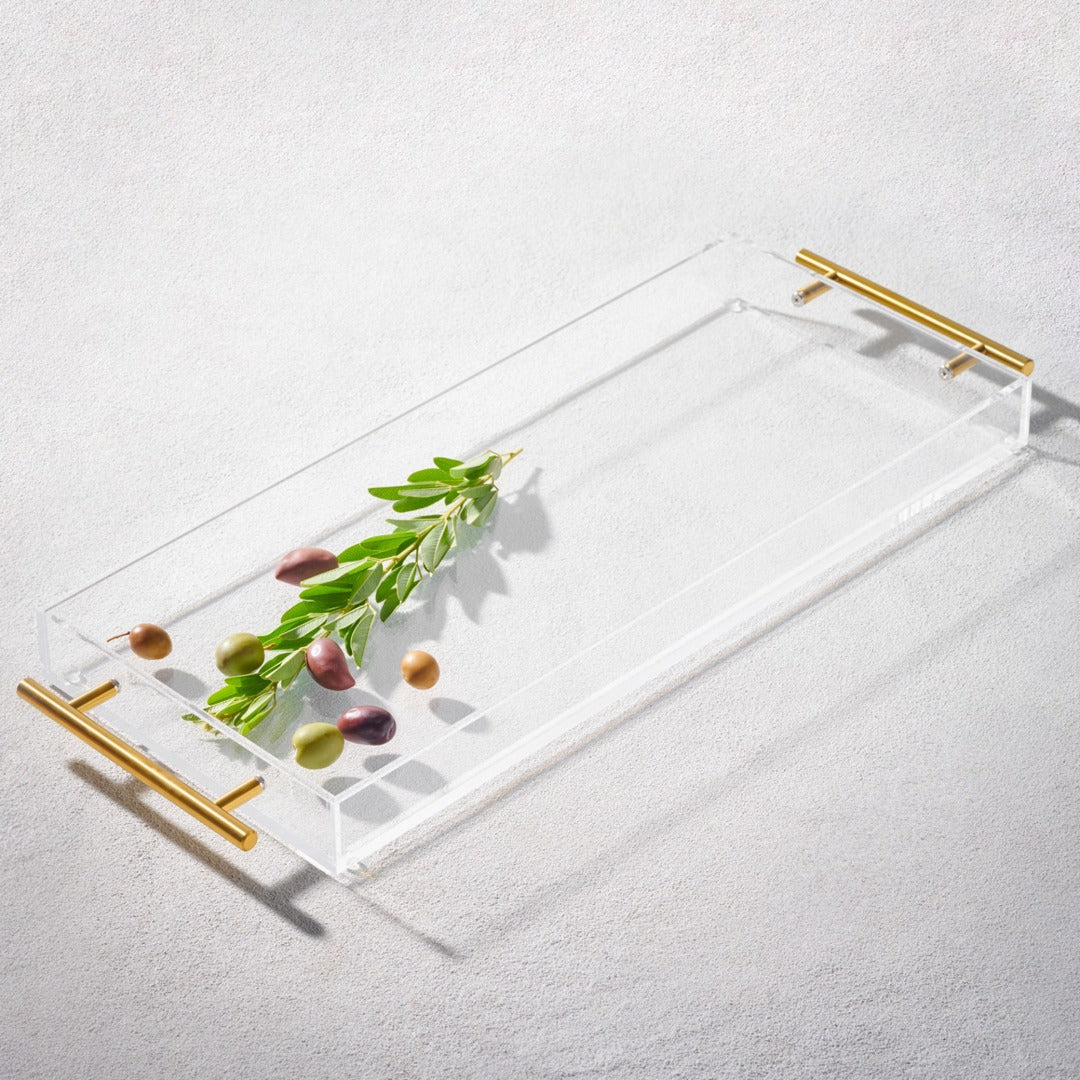 Vikko-Serving, Acrylic Rectangle Tray, Clear With Gold Handle,07"x17"1.5"H