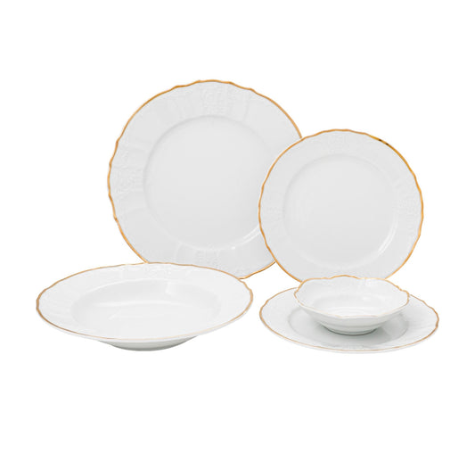 Vikko Luxe - Bernadotte Gold, White, 20 Pc Dinnerware Set, includes Service For 4, Dinner, Salad, Soup, Bread & Butter, Dessert
