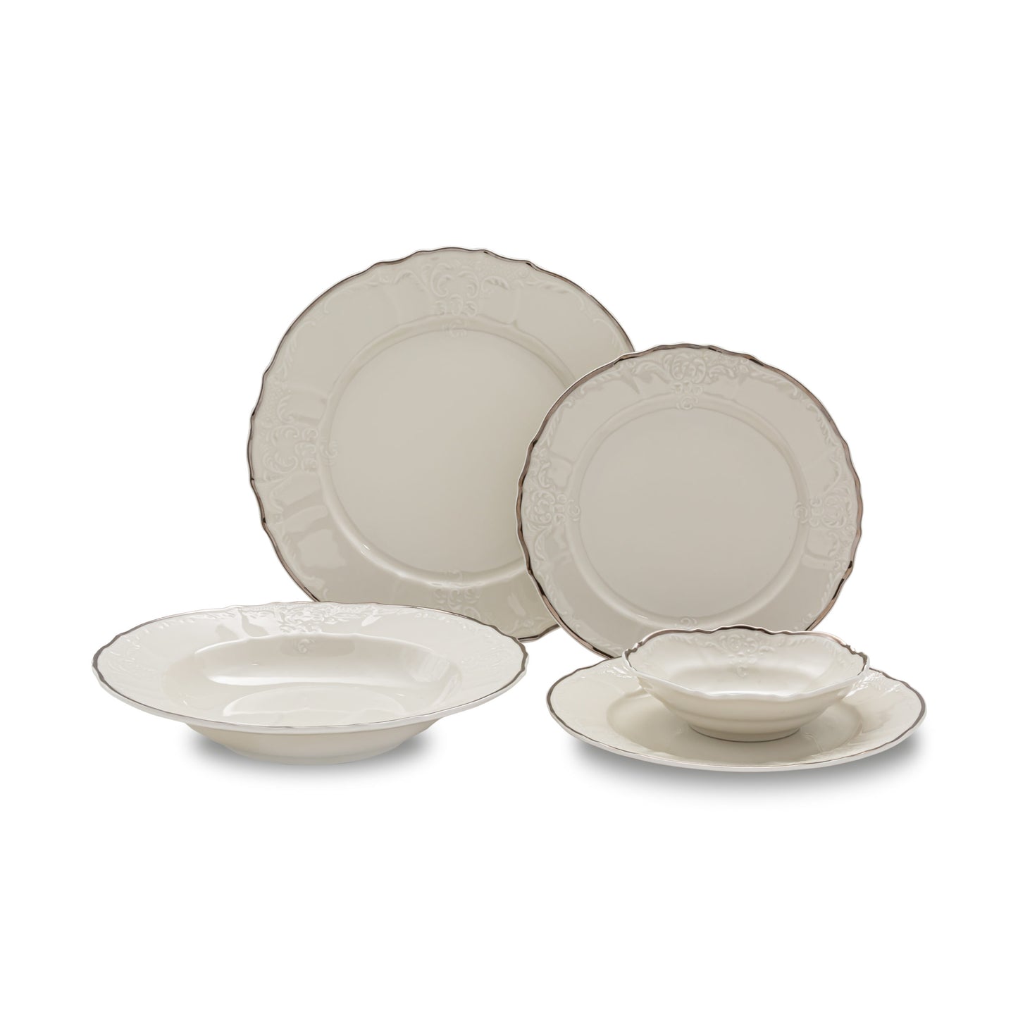 Vikko Luxe - Bernadotte Silver, Ivory, 20 Pc Dinnerware Set, includes Service For 4, Dinner, Salad, Soup, Bread & Butter, Dessert