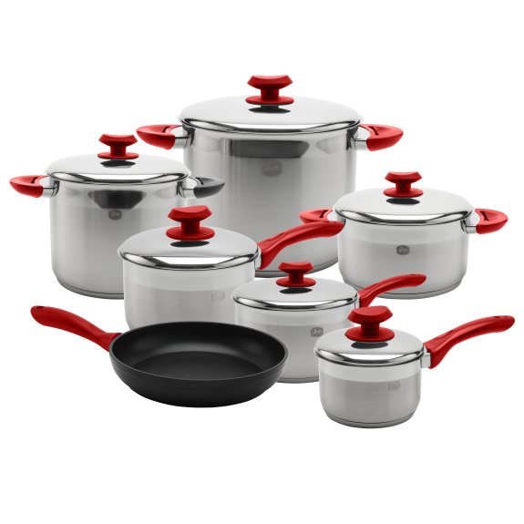 Ybm 13 Pc. 18/10 Tri-Ply Stainless Steel Cookware Set, Red 1