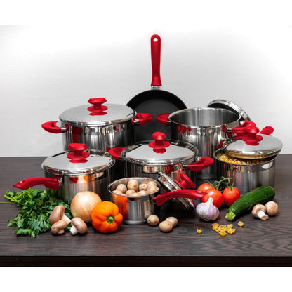 Ybm 13 Pc. 18/10 Tri-Ply Stainless Steel Cookware Set, Red 2