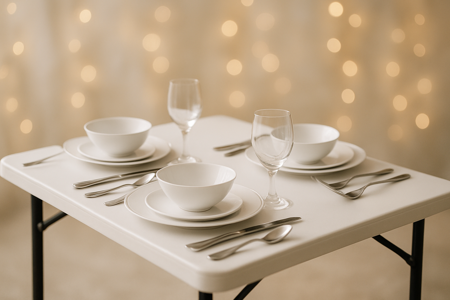 a plastic folding table with a nice set of dishes on it, with a nice soft backround