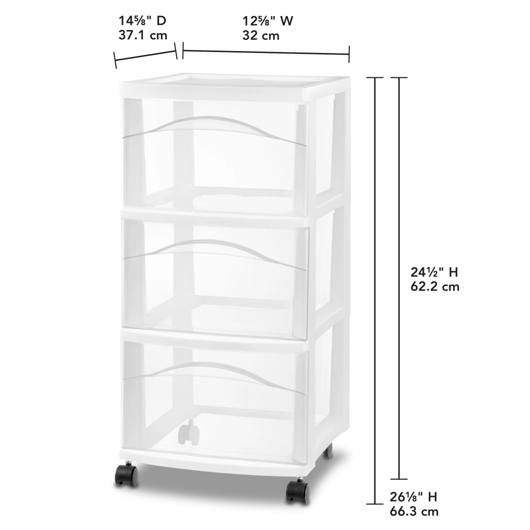 Sterilite 3 drawer White Drawer Cart 24.5 in. H X 12.625 in. W X 14.625 in. D