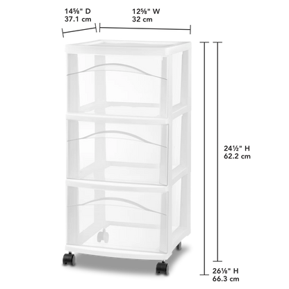 Sterilite 3 drawer White Drawer Cart 24.5 in. H X 12.625 in. W X 14.625 in. D