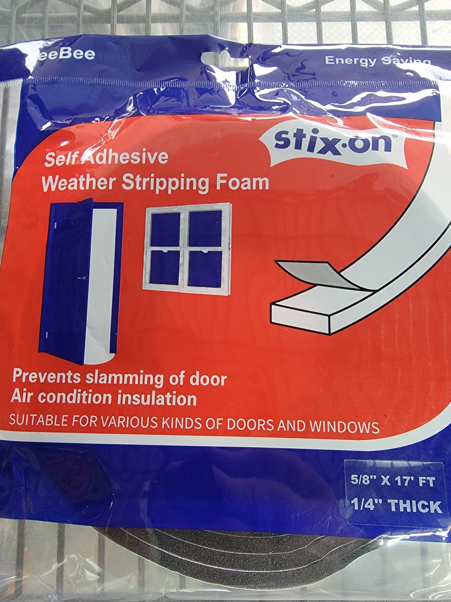 Stix-On Self Adhisive Weather Stripping Foam 5/8'' Wide 1/4'' Thick 17' Long